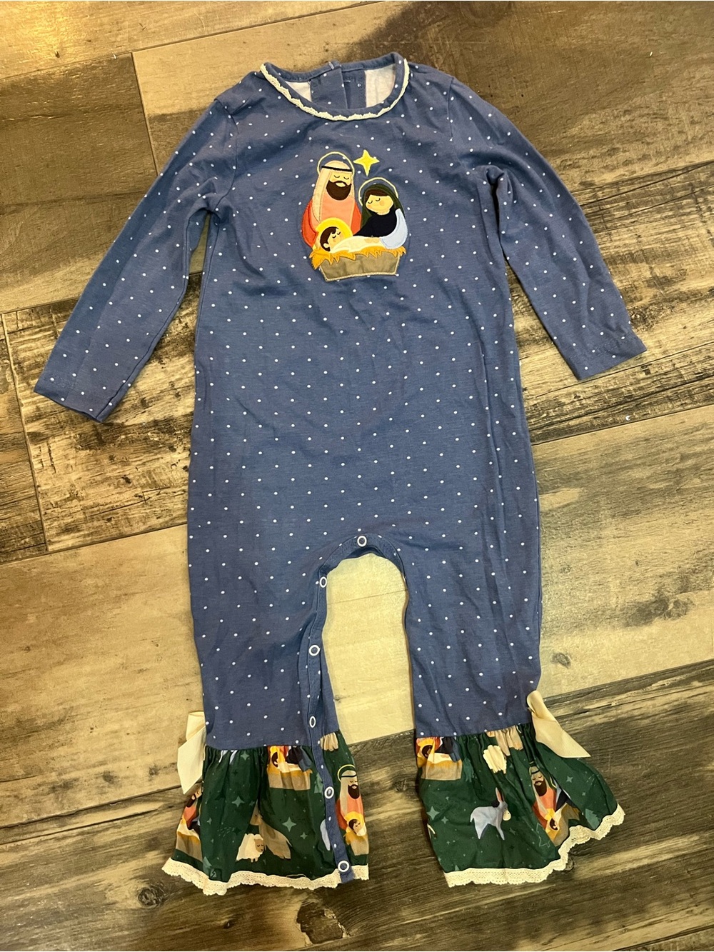Ricrac & Ruffles Girls 3T Christmas Nativity Romper Ruffle Bell Bottom